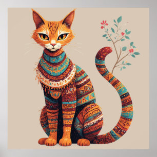 Poster Ilustração de Gato Tribal Boho Design de Arte Popu