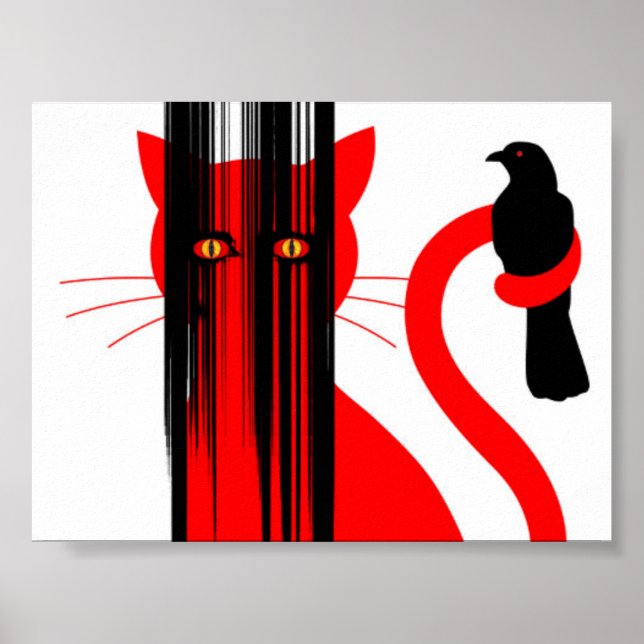 Poster Ilustração de gato vermelho e pássaro preto (Frente)