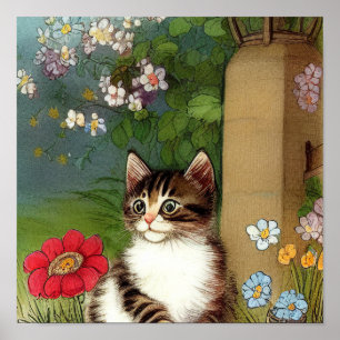 Poster Ilustração de Gato Vintage com Flores de Mola