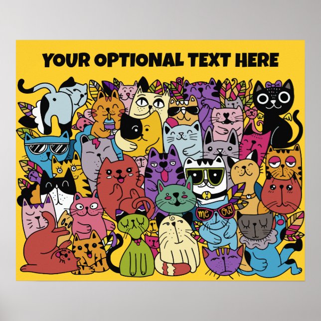 Poster Ilustração de Gatos Engraçados com Texto e Cores P (Frente)
