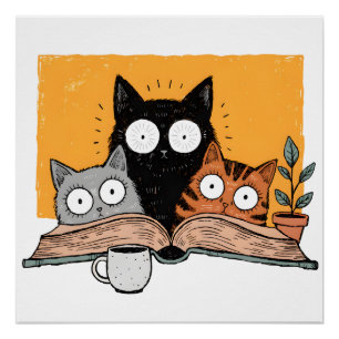 Pôster Ilustração de Gatos Engraçados Lendo