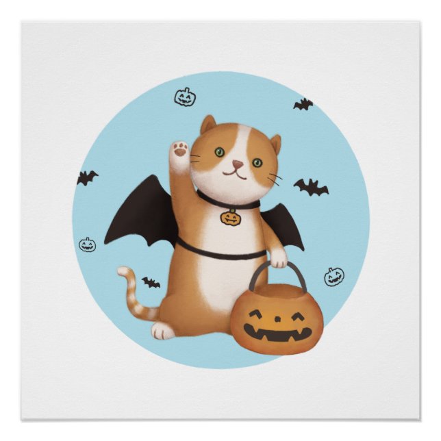 Pôster Ilustração de Halloween: Gato de Bat (Frente)