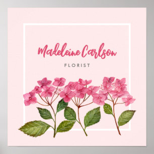Poster Ilustração de Lacecaps de Hortênsia Rosa em Aquare