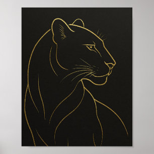 Poster Ilustração de Leoa em Linha Elegante Dourada