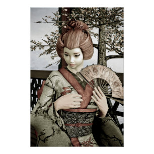 Pôster Ilustração de Leque de Kimono de Geisha Vintage