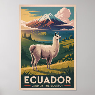 Poster Ilustração de Lhama do Equador Arte de Viagem Vint