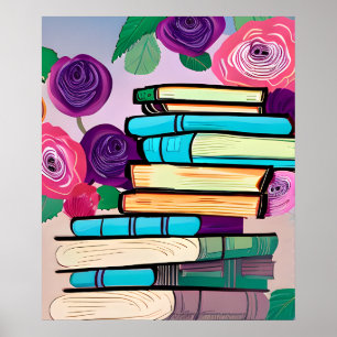 Poster Ilustração de Livros e Flores Arte Digital