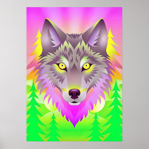 Poster Ilustração de Lobo Vibrante com Árvores Abstrato