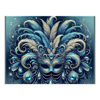 Pôster Ilustração de Máscara de Mascarada Pena Azul
