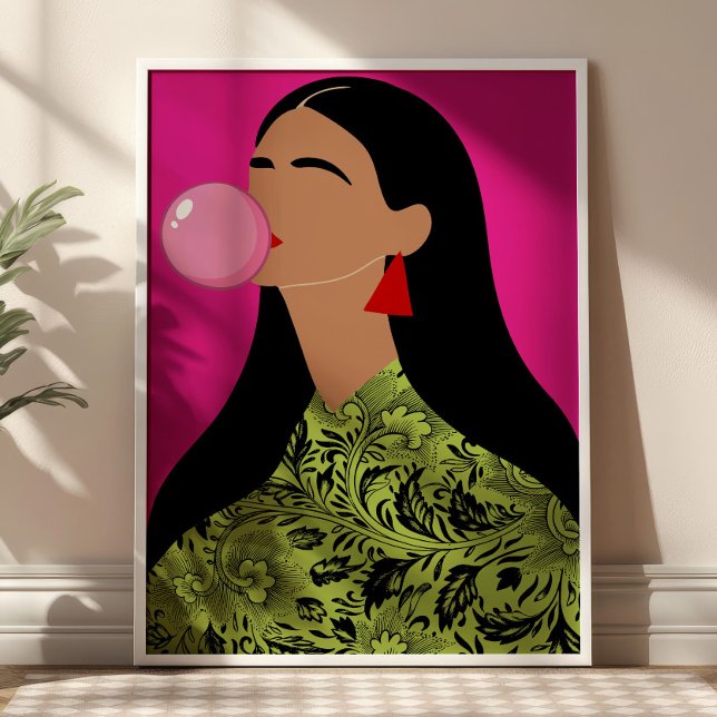 Poster Ilustração de Menina com Chiclete Rosa Funky Art  (Criador carregado)