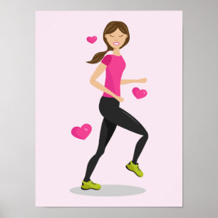 Poster Ilustração de Menina que Ama Correr e Corações Ros