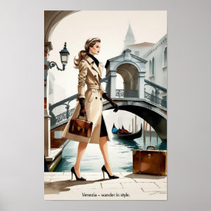 Poster Ilustração de Moda da Mulher Atravessando Veneza