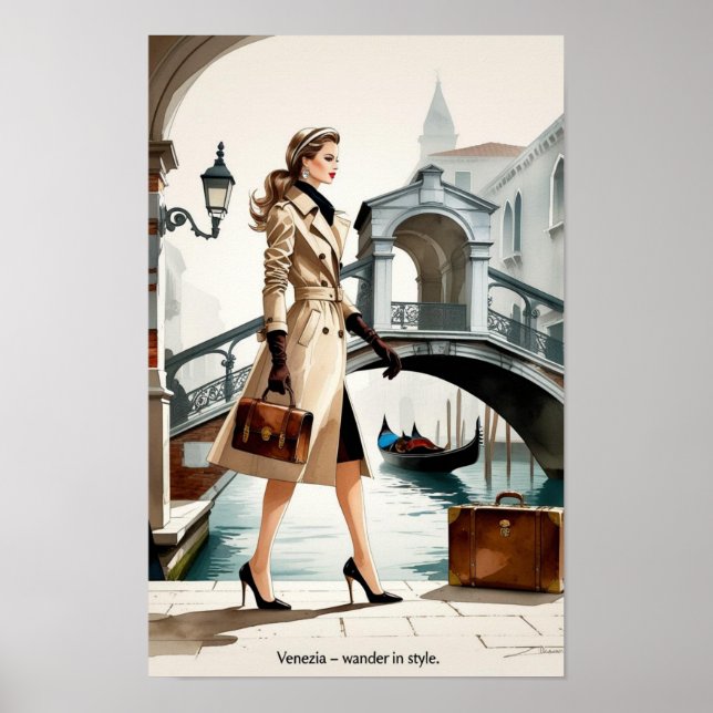 Poster Ilustração de Moda da Mulher Atravessando Veneza (Frente)