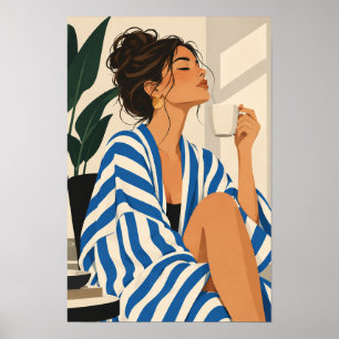 Poster Ilustração de Moda Feminina com Robe Listrado Azul