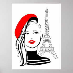 Poster Ilustração de moda mulher francesa em beret verm
