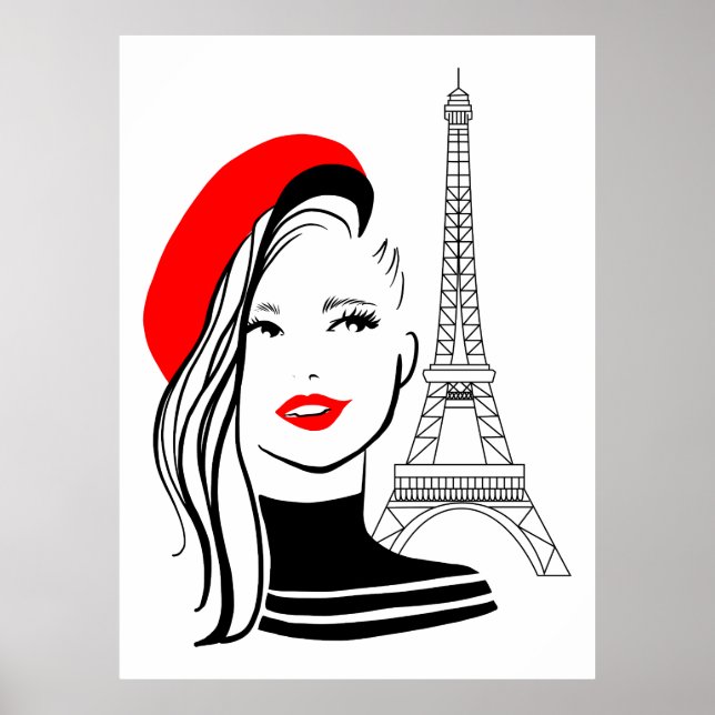 Poster Ilustração de moda mulher francesa em beret vermel (Frente)