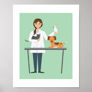 Poster Ilustração de Mulher Veterinária Com Animais