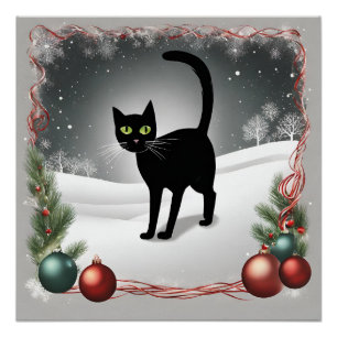 Pôster Ilustração de Natal de Gato Negro Bonito
