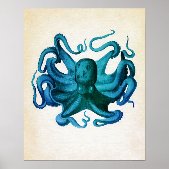 Pôster Ilustração de Octopus de Aquarela (Frente)