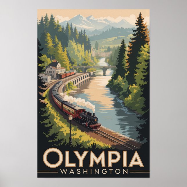 Poster Ilustração de Olympia Washington Viagem Arte Vinta (Frente)