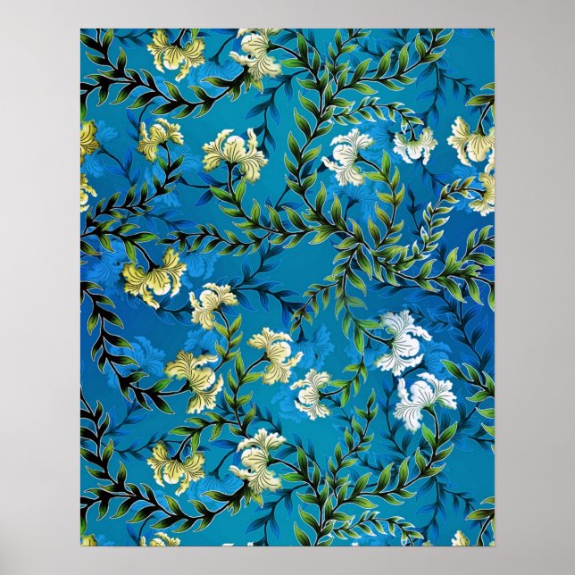 Poster Ilustração de Padrão Floral Azul Vintage (Frente)
