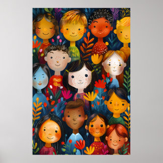 Poster Ilustração de padrão floral com crianças felizes e