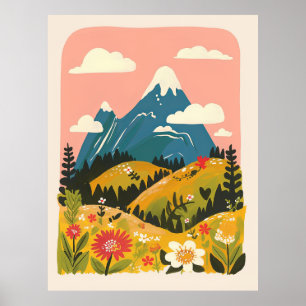 Poster Ilustração de Paisagem de Montanhas Florais Boho