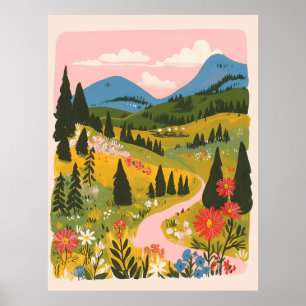 Poster Ilustração de Paisagem de Montanhas Florais Boho