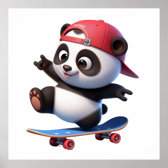 Poster Ilustração de Panda Fofinho de Skate (Frente)
