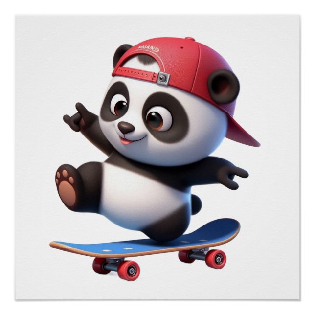 Pôster Ilustração de Panda Fofinho de Skate (Frente)