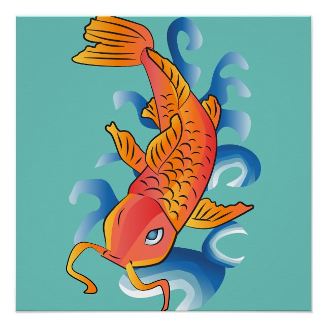 Pôster Ilustração de Peixe de Natação Koi (Frente)