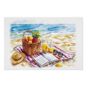 Pôster Ilustração de Picnic Watercolor em Summer Beach -