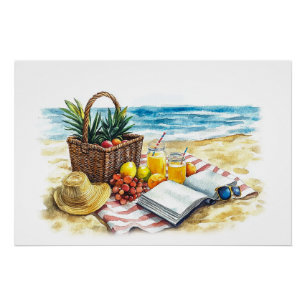 Pôster Ilustração de Picnic Watercolor em Summer Beach -