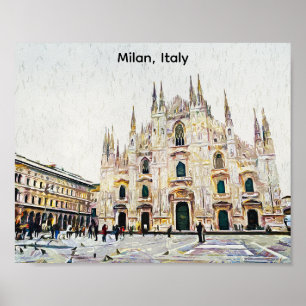 Poster Ilustração de pintura a óleo de Milão Itália