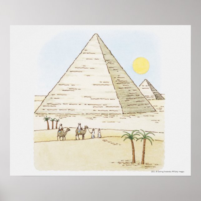 Poster Ilustração de pirâmides e homens com camelos (Frente)