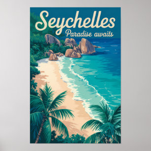Poster Ilustração de Praia das Seychelles Arte de Viagem 