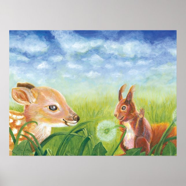 Poster Ilustração de Primavera de Fawn e Esquilo (Frente)