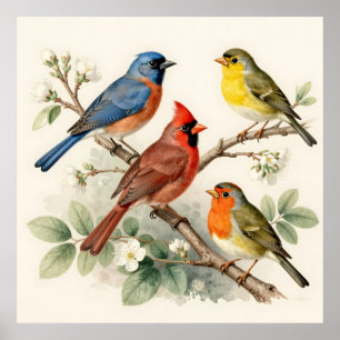 Poster Ilustração de Ramalhete de Flores de Pássaro Canto