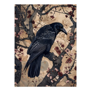Pôster Ilustração de Raven e Cherry Blossoms