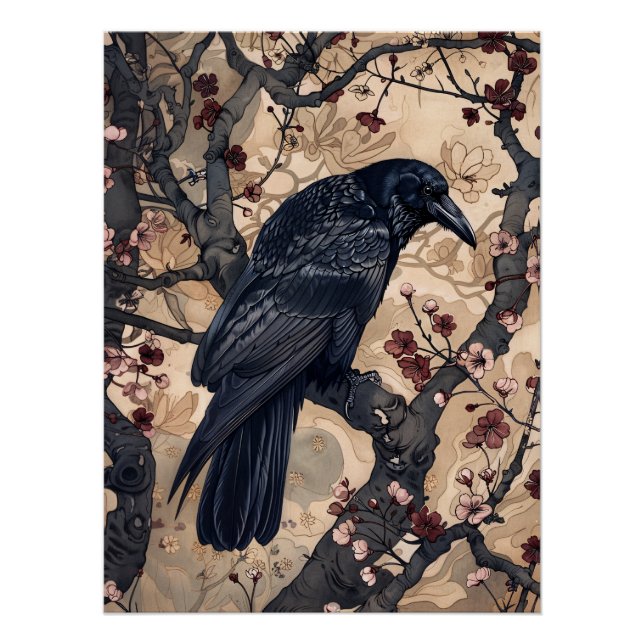 Pôster Ilustração de Raven e Cherry Blossoms (Frente)