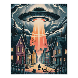 Pôster Ilustração de Rua Noturna de Abdução por OVNI