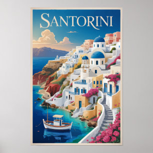 Poster Ilustração de Santorini Grécia Arte de Viagem Vint