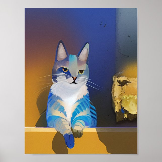 Poster Ilustração de sol ouro de gato azul (Frente)