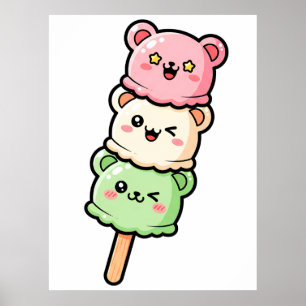 Poster Ilustração de Sorvete de Urso Fofo Empilhado