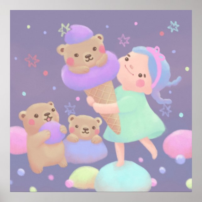 Poster Ilustração de Sorvete do Urso Fofo (Frente)