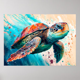 Poster Ilustração de Tartaruga Nadadora Colorida Bonita