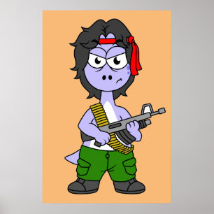 Poster Ilustração De Um Brontossauro Vestido Como Rambo.