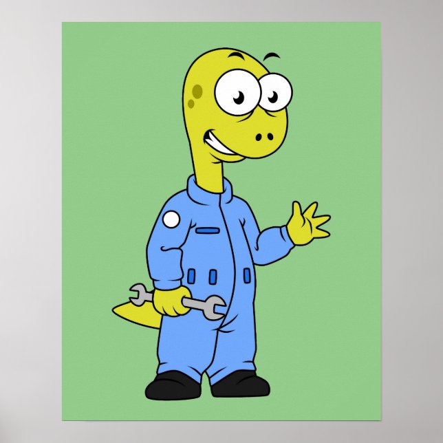 Poster Ilustração De Um Mecânico Brontossauro. (Frente)