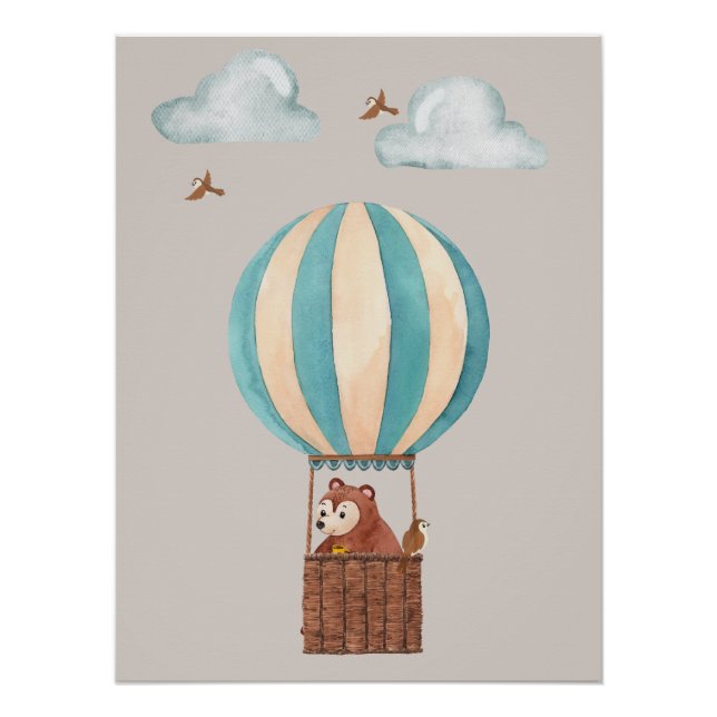 Pôster Ilustração de Urso Fofo em Balão de Ar Quente em P (Frente)