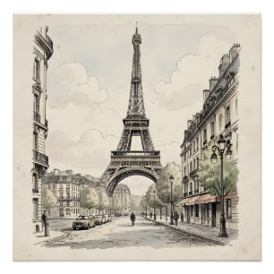Pôster Ilustração de viagem antiga vintage de Paris